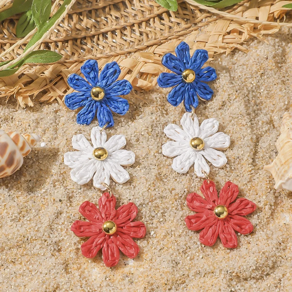 Simple Fashion Hand Woven Long Flowers Earrings Raffia Stereo Color Floral Holiday Earrings for Women Ladies Jewelry Gift