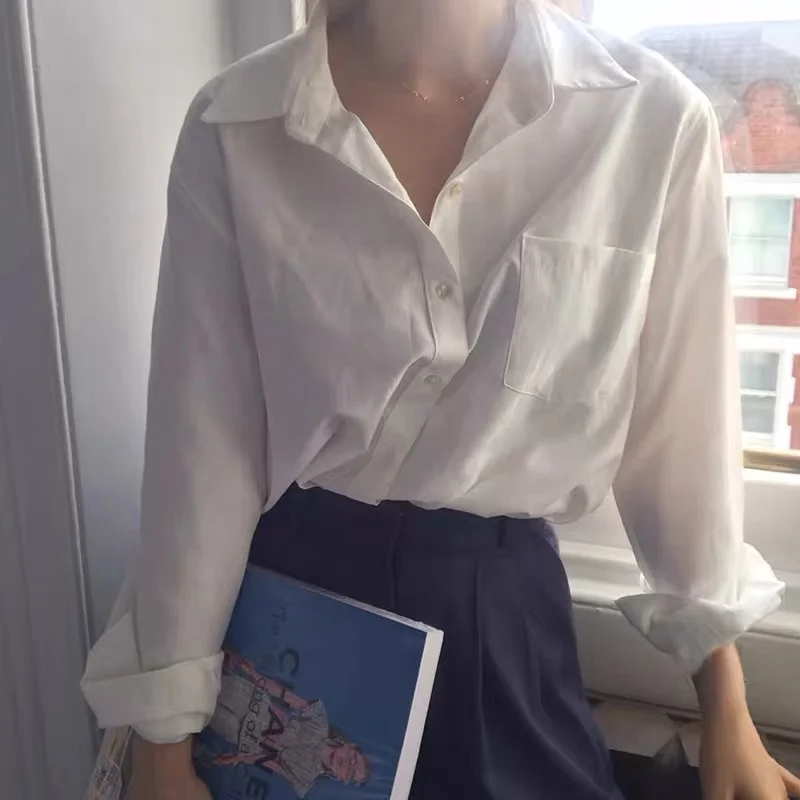 Spring Summer Cotton Linen White Shirt Casual Loose Long Sleeve Women's Top Fashionable Base Layer Versatile  Collar
