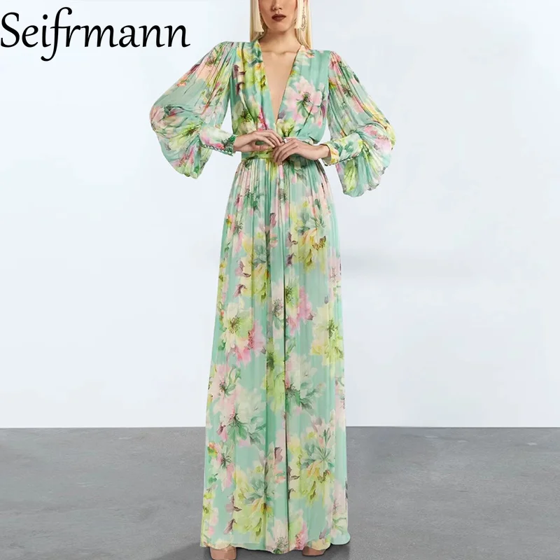 

Seifrmann Beach Vacation Women Deep V-Neck Lantern Sleeved Elegant Print Loose Wide leg pants New Fashion Jumpsuits