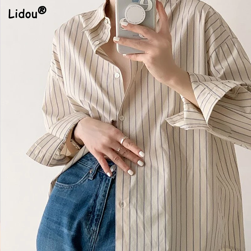 2023 Women\'s Clothing Fashion Casual Korean Striped Loose Button Capable Turn-down Collar Young Style Spring Summer Thin Blouses