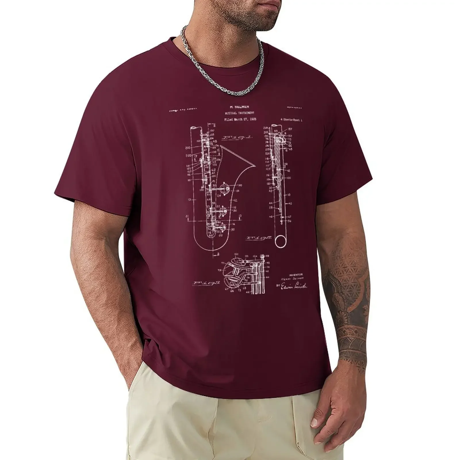 Shirts Graphic Tees Men Clothings Selmer Saxophone Patent - Saxophone Art - Blueprint T-Shirt Men Clothing Graphic Funny Summer image 3