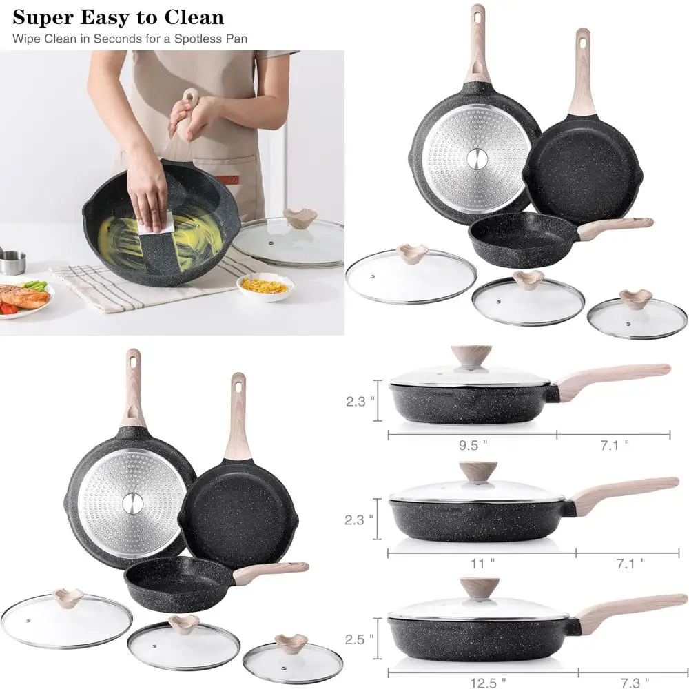 

3-Piece Nonstick Skillet Set with Lids, Induction Compatible Cookware, Healthy PFOA-Free, Suitable for All Stovetops (9.5, 11, 1