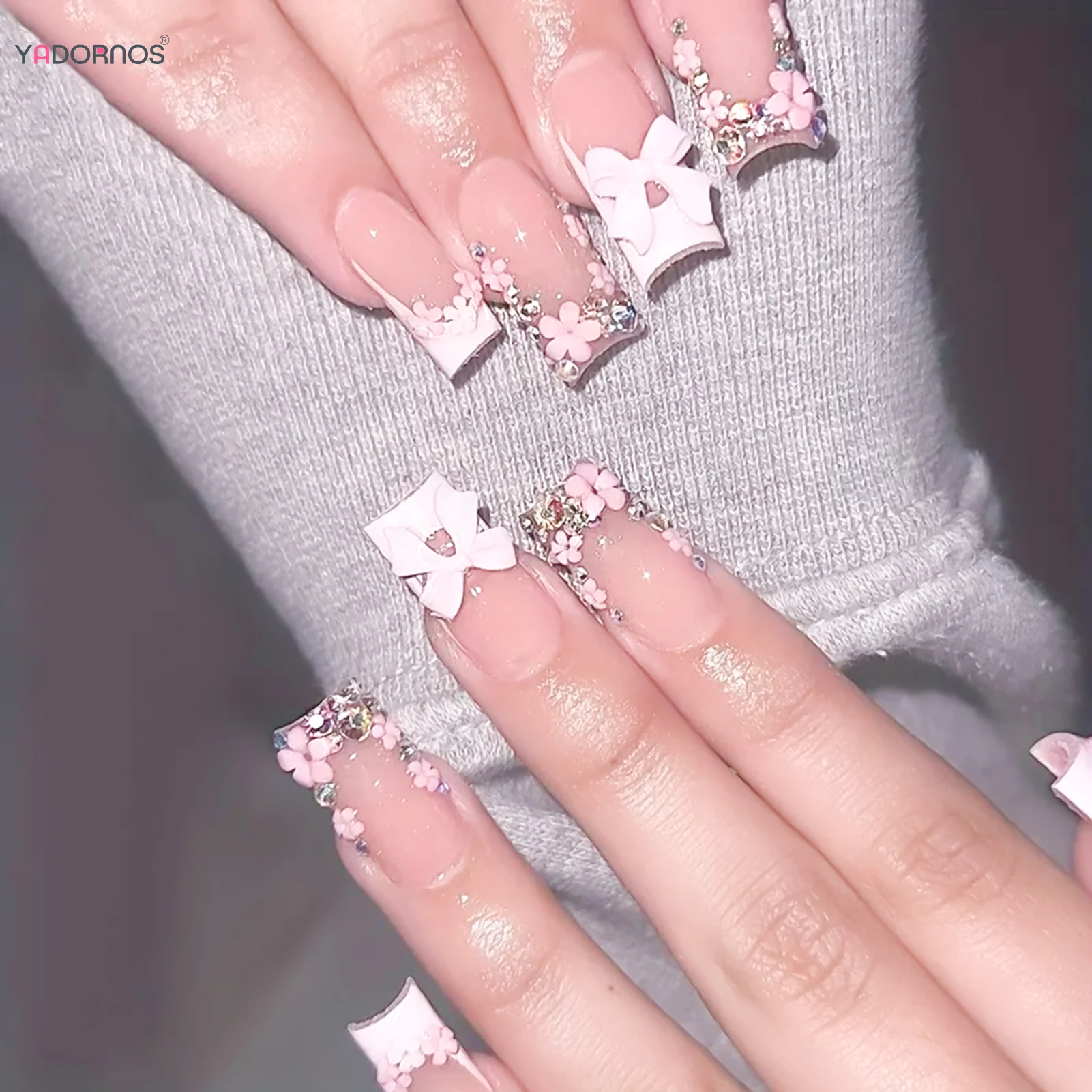 French Bow Press on Nails White Edge Love Pattern Fake Nail Tips Wearable Detchable Short Coffin Ins Sweet Korean False Nails