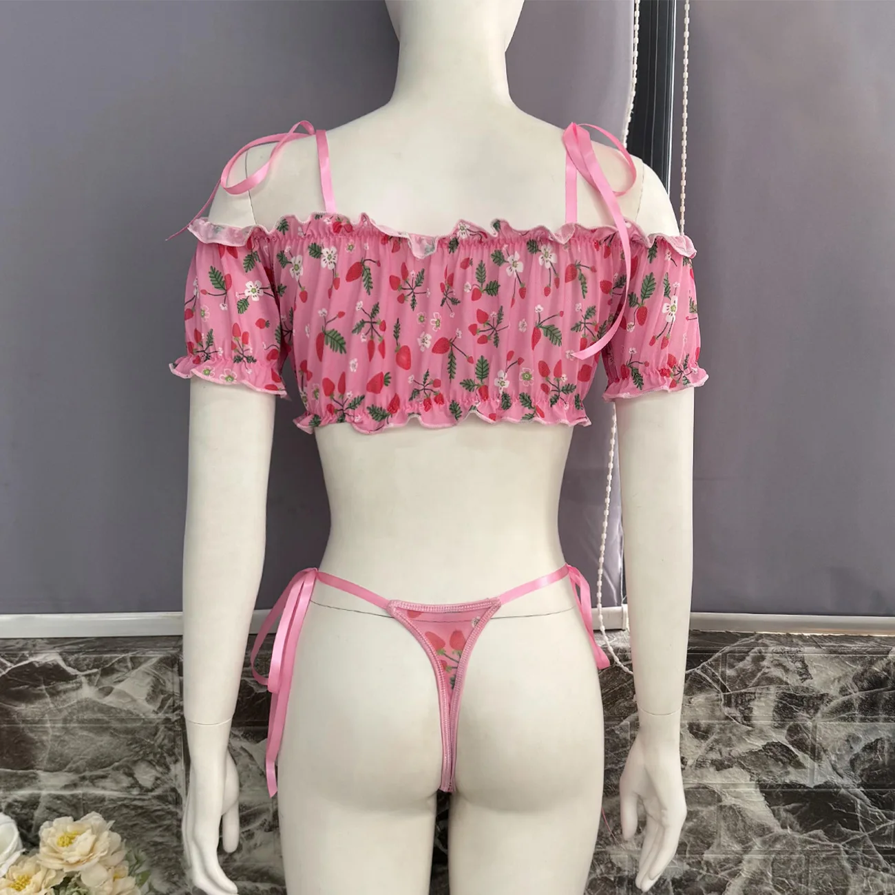 Ellolace عيد الحب ينغيرييس مثير الساخن لطيف الكرز المحاصيل الأعلى Hilitos 2 قطعة الأبرياء الوردي مغر الحميمة قبالة الكتف مجموعة #6