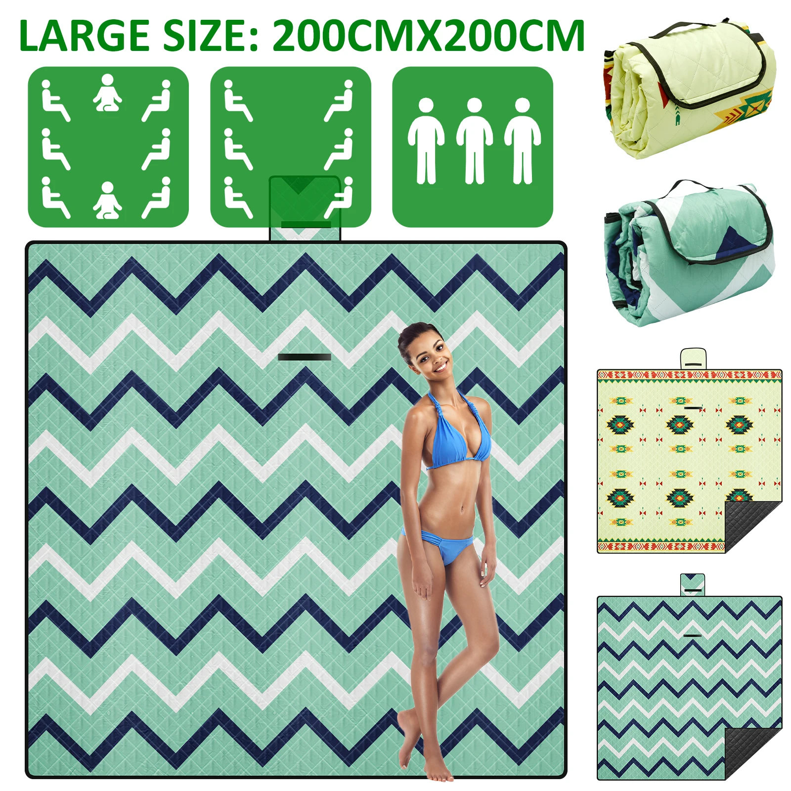 

Picnic Blanket with Carry Handle 78.7x 78.7in Large Outdoor Beach Blanket Foldable 3 Layer Waterproof Picnic Mat for Travel