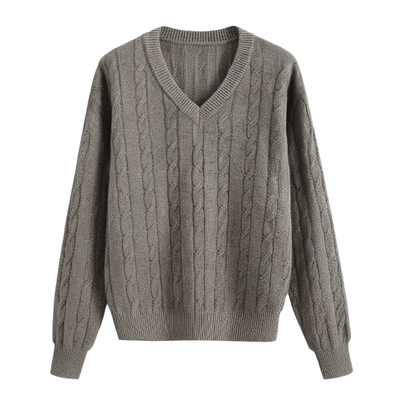 

Вязаные свитера цвета хаки для женщин, осень-зима, однотонный повседневный пуловер с v-образным вырезом, мягкий трикотаж, топы