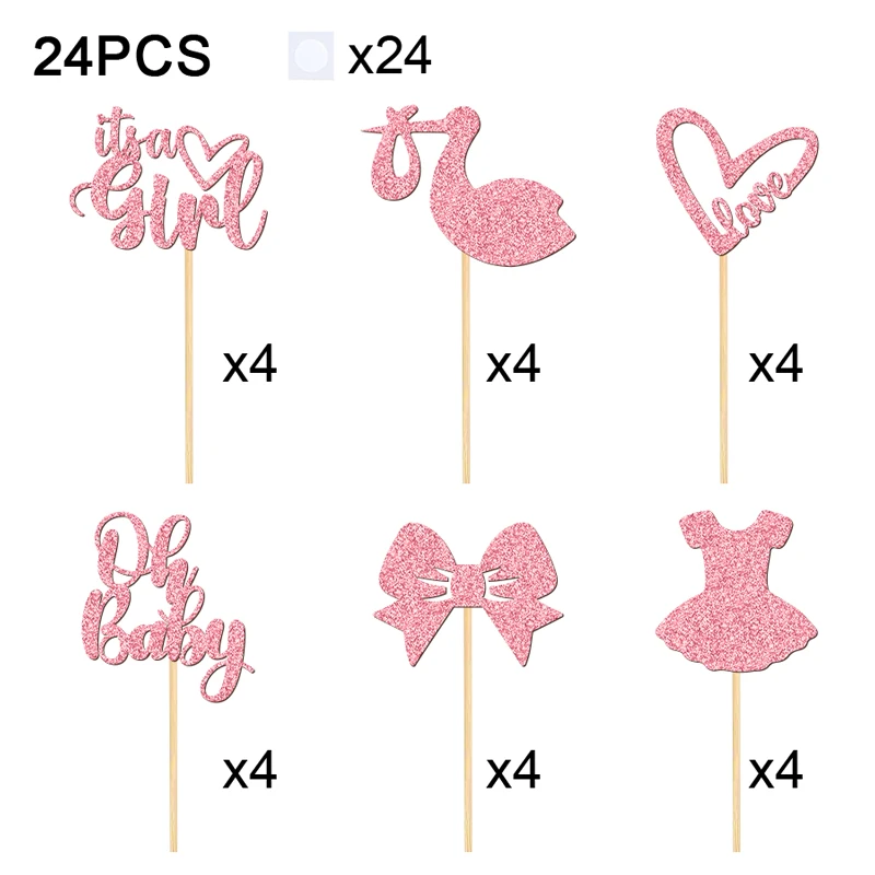 YOMDID 24 Stück Baby-Shower-Cupcake-Topper, Gender-Reveal-Kuchenaufsätze, Glitzer-Liebesherzen, Liebes-Schriftzug, Schleifen-Kleid-Kuchendekorationen – Detail 6