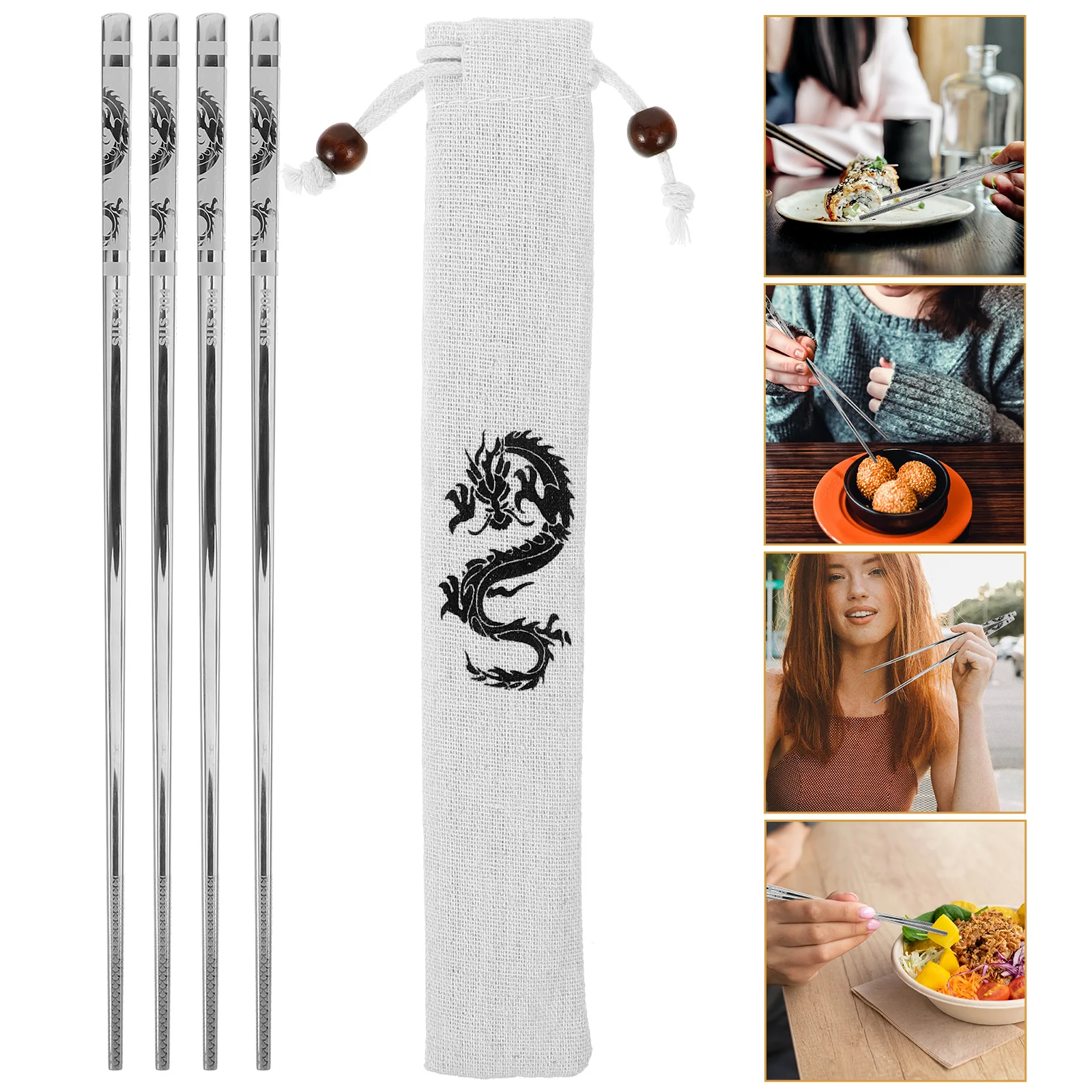 Dragon Shaped Chopsticks Eating Set Household Party Camping Cooking Long Kitchen Metal Fabric