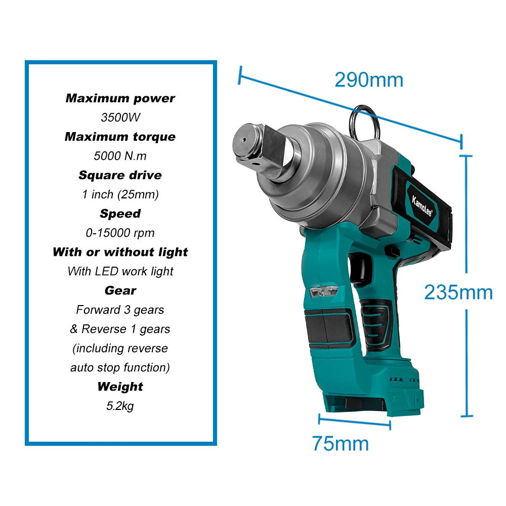 Kamolee 5000 N.M Torque 1 Inch Brushless Electric Impact Wrench Lithium-Ion Battery For Makita 18V Battery