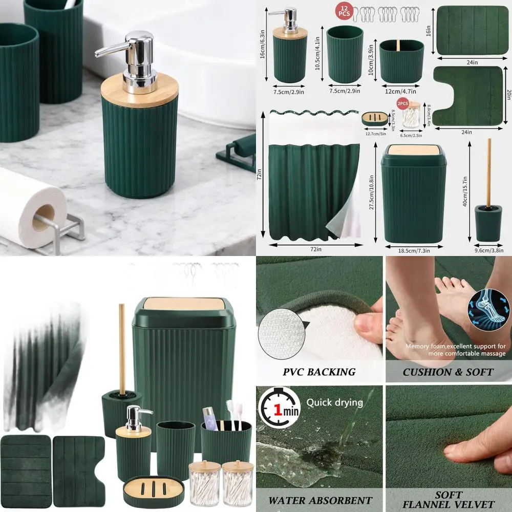 

Green Bathroom Decor Set: Shower Curtain with Liner, Memory Foam Rugs, Toiletries Accessories