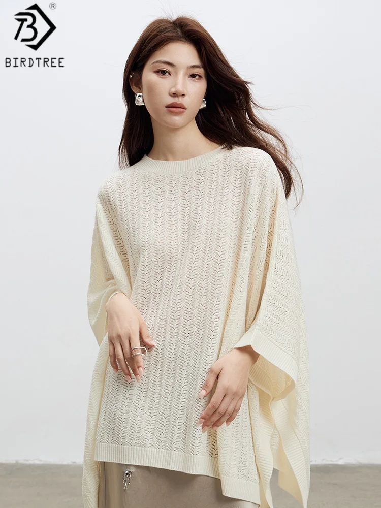 

Birdtree 31,2% овечьей шерсти, 26,1% акриловый свитер-халат, женский жаккардовый свободный трикотаж из смеси шерсти с круглым вырезом и длинными рукавами T58805JF