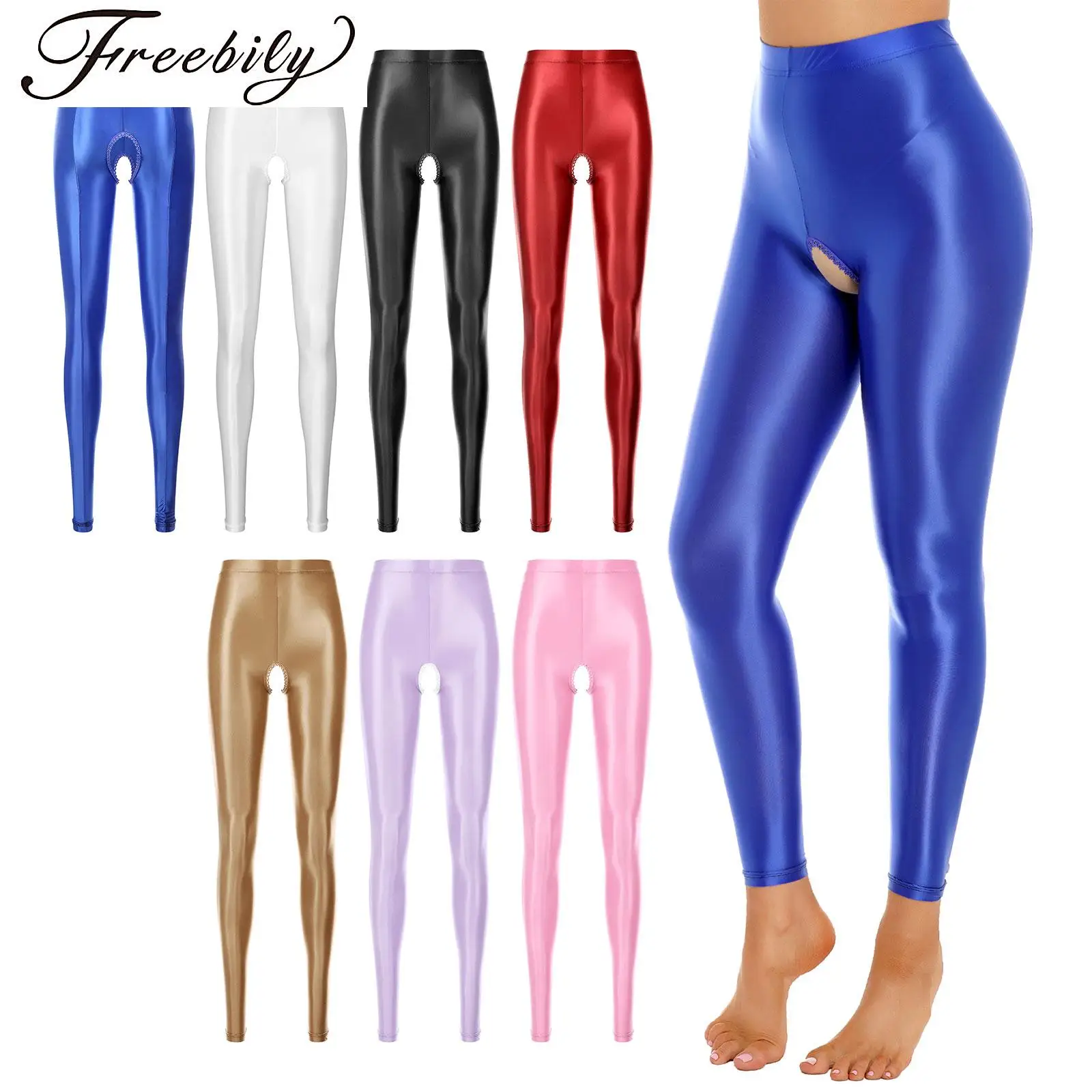 Womens Sexy Leggings Glossy Stretchy Open Crotch Pants Solid Color Elastic Waistband Skinny Pants Valentines Day Honeymoon Gift