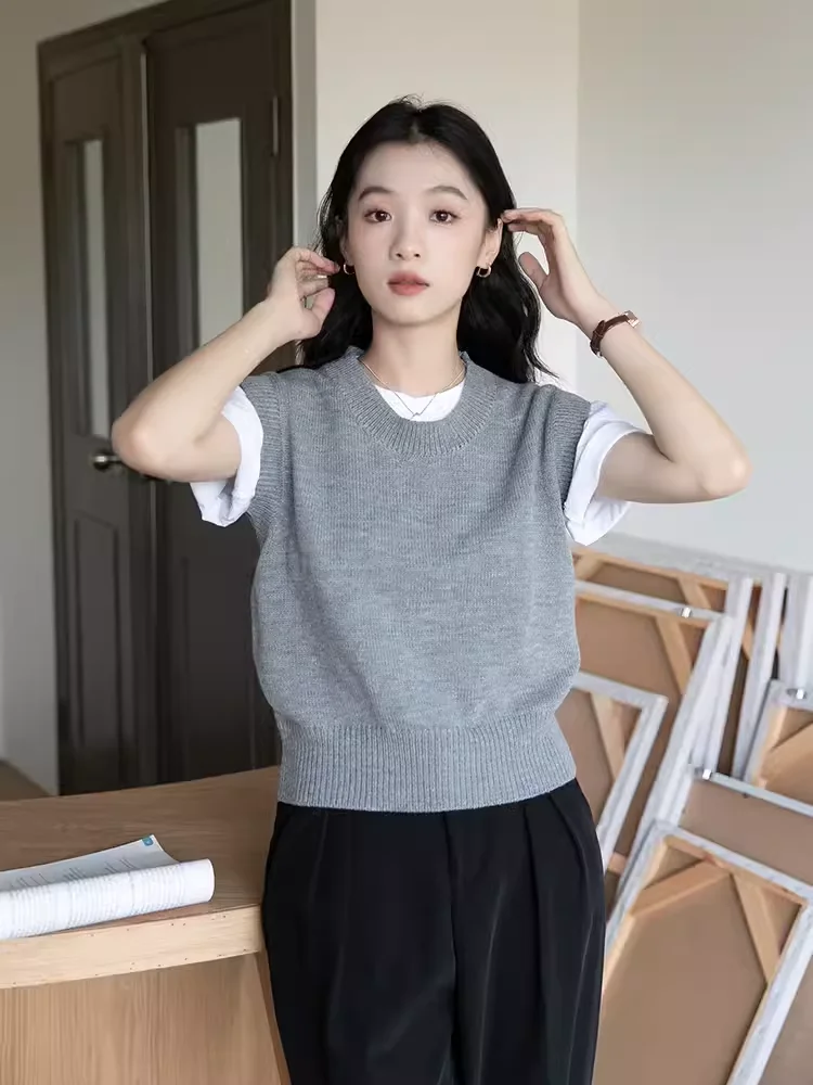 2025年春秋新作 Sle 00 純毛ニットベスト レディース ラウンドネック シンプル重ね着 多用途 肩出しベスト