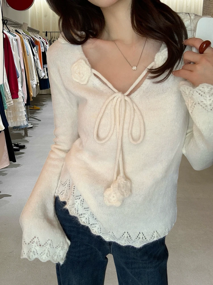 

Новый зимний женский вязаный свитер Ciwalk с V-образным вырезом, кружевными вставками и поясом, цвета тауни, с длинными рукавами