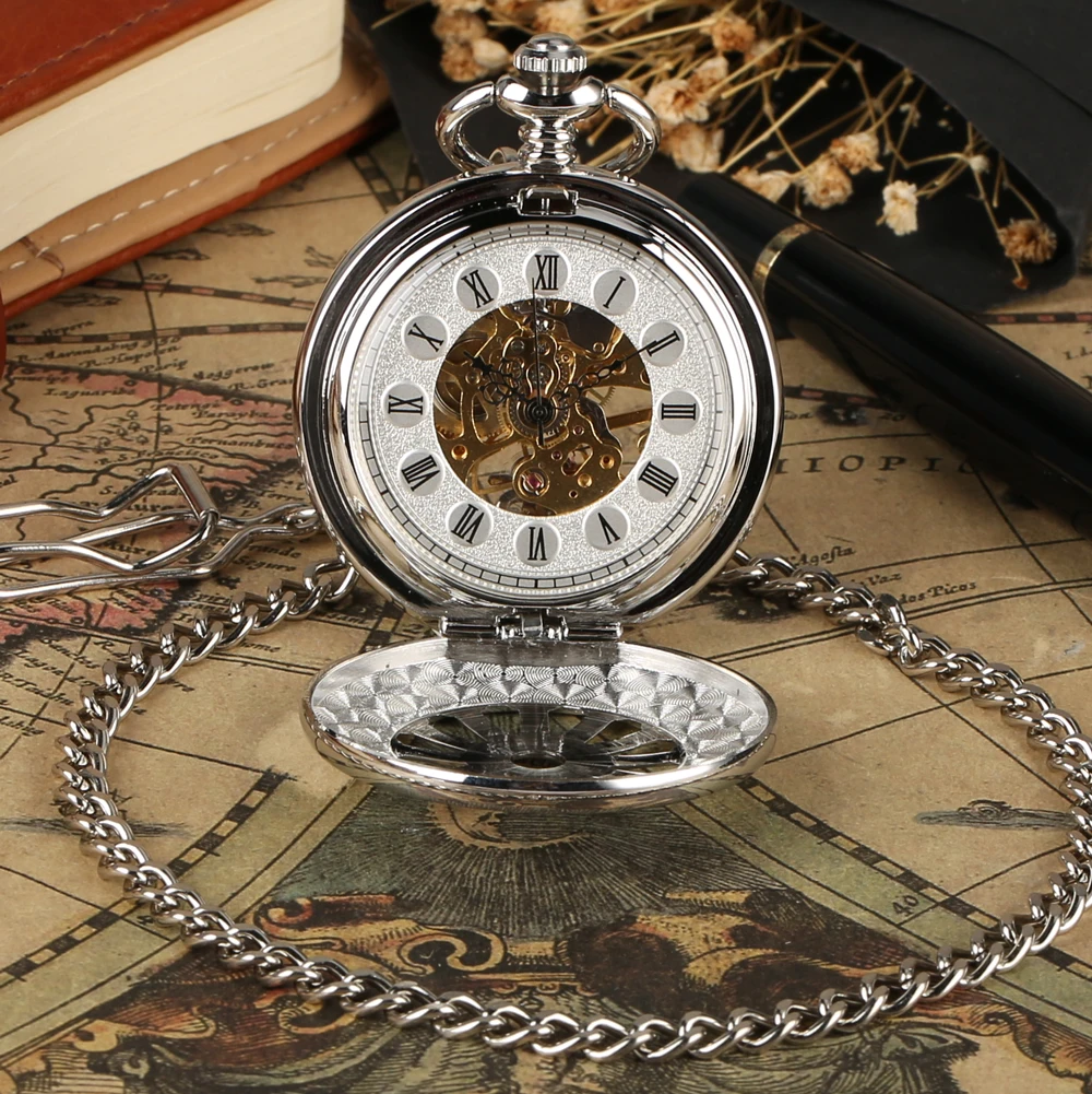 الأرقام الرومانية الهاتفي الجوف الفضة دليل ساعة الجيب الميكانيكية الرجعية Steampunk فوب سلسلة الميكانيكية اليد لف ساعة الجيب