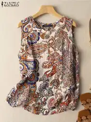 ZANZEA Vintage Tanks Tops Women Bohemian Casual Beach Holiday Shirt Loose Party Blusas Summer Sleeveless Floral Printed Blouse