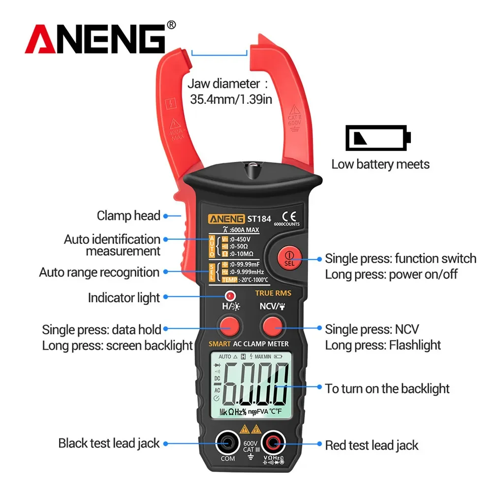 ANENG ST184 6000 Counts Digital Professional  Multimeter Clamp Meter True RMS AC/DC Voltage Tester AC Current Hz Capacitance Ohm