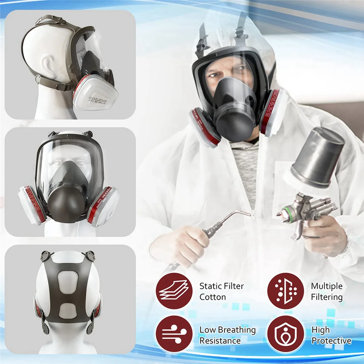 

2X Full Mask Dust-Proof Full Respirator Nuclear Mask, With Filters Protection Dust Mask For Painting Protection-A74Z