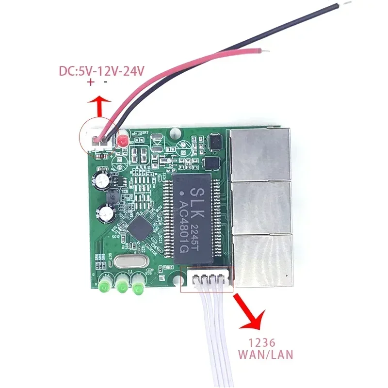 Mini módulo de interruptor industrial pcba, 4 portas, 10/100mbps, 5v, 12v, 15v, 18v, 24v, proteção contra raios, 4kv, antiestático, 4kv