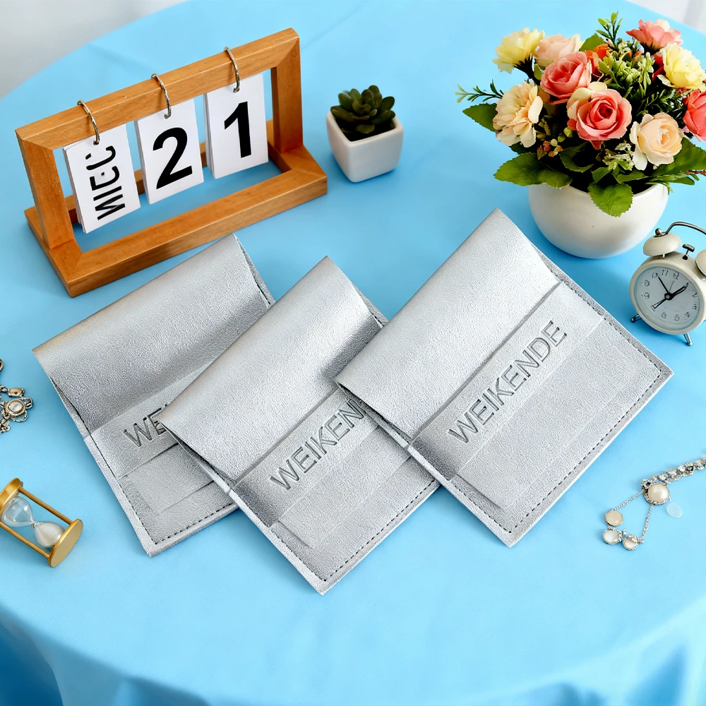 

50Pack Silver Jewelry PU Leather Pouch Bag Handmade Jewellry Bags Earrings Necklace Rings Package Sack With Custom Logo Printed