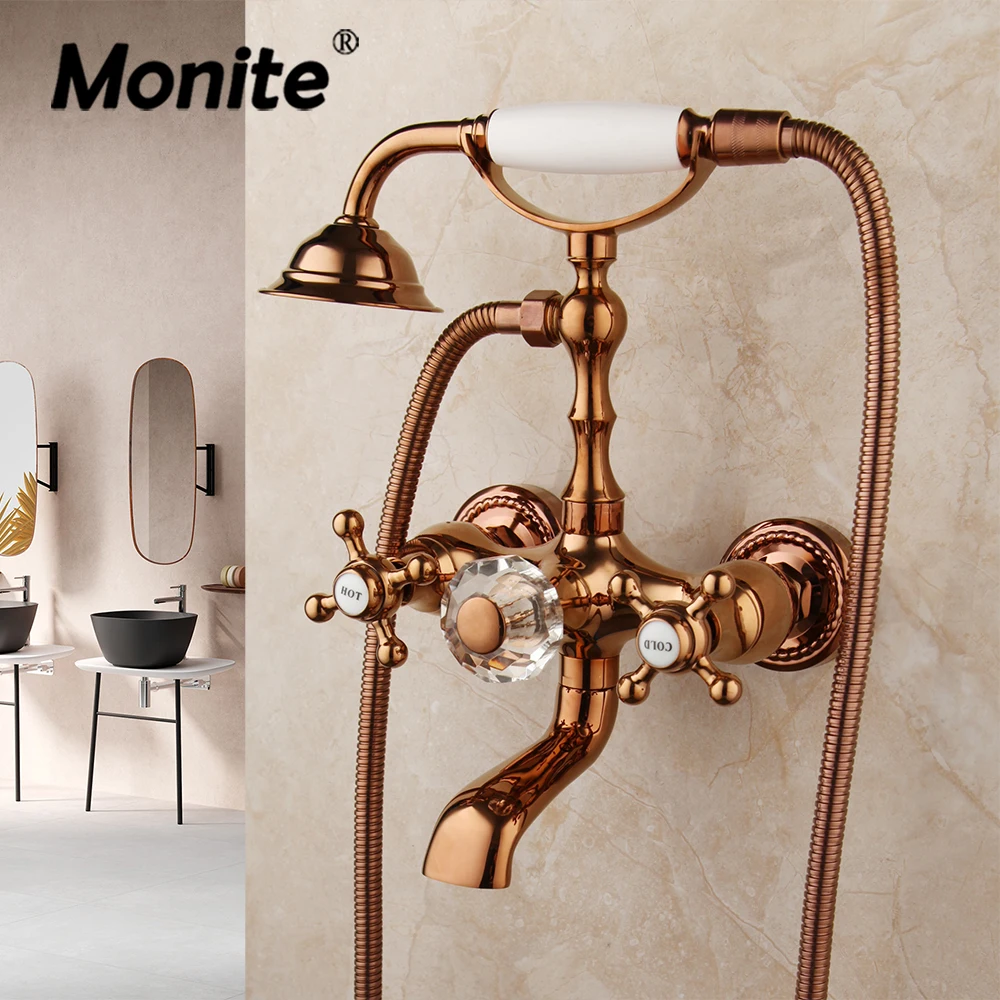 

Monite Golden Plated Bathroom Bathtub Faucet Solid Brass Wall Mounted Shower Faucet Set w/ Held Hand Shower