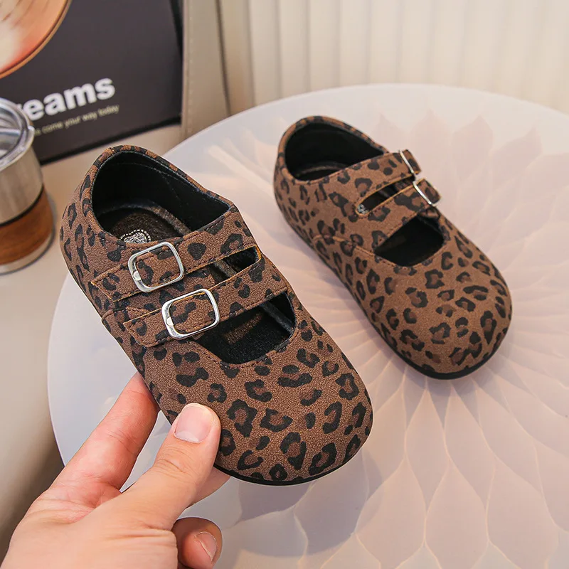 Kids Baby Girls Shoes Fashion Vintage Leopard Print Flat Single Shoes Cute Princess Ballet Mary Janes Shoes Anti-slip Large Size