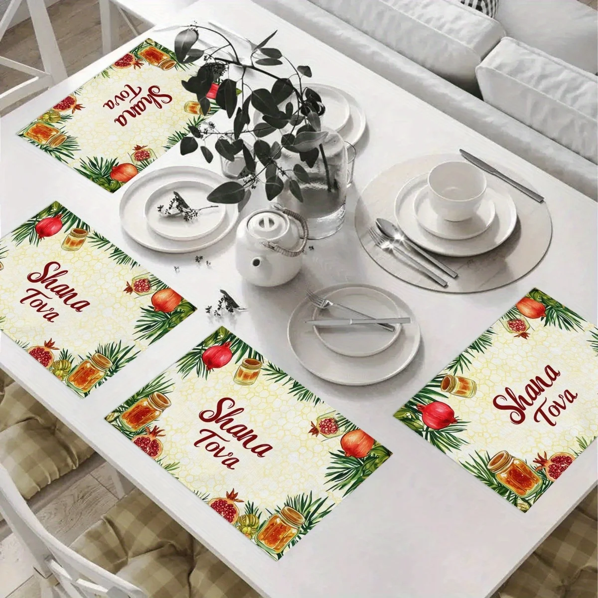 Rosh Hashana Placemats Home Decorations Reusable Shana Tova Honeypot Pomegranate Kitchen Dining Table Mats Jewish New Year Decor