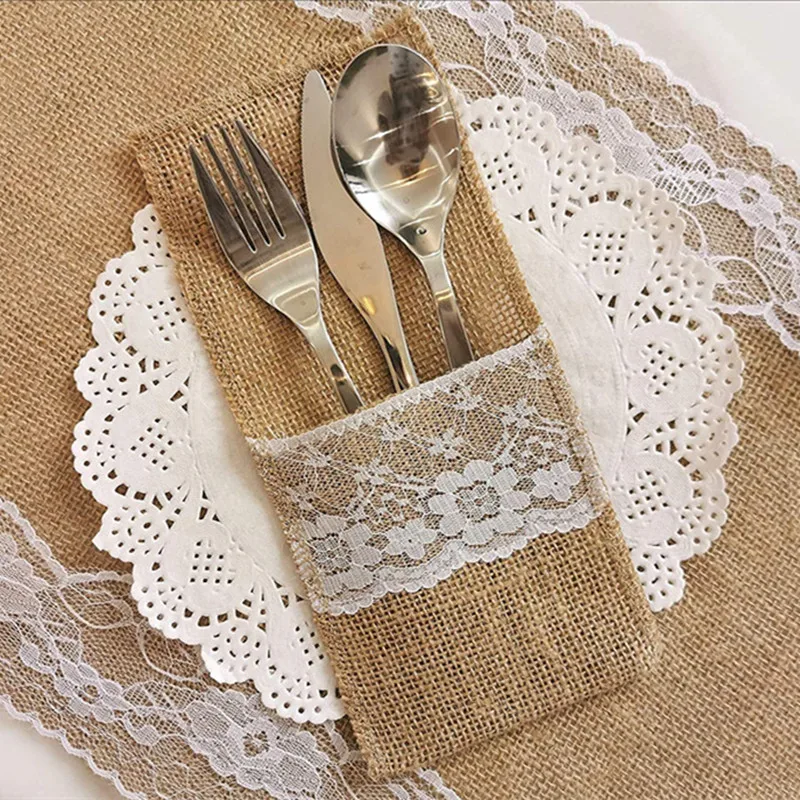 10Pcs/Lot Burlap Cutlery Holder Lace Tableware Pouch Pocket Christmas Silverware Holder Pockets Wedding Table Decoration