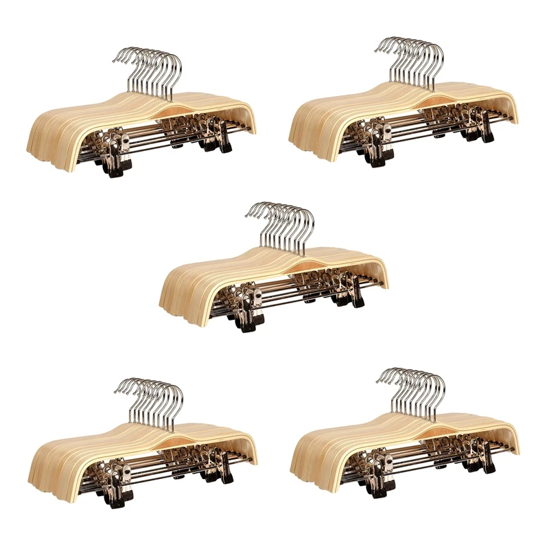 50 Pack Solid Finish Wooden Trousers/Skirt Hangers With Anti-Rust Clips Coat Clothes Hangers