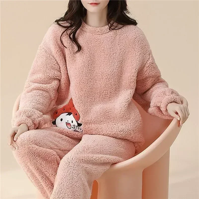 

Velvet Sets Sleeve Thick Flannel Women Sleepwear Pyjamas Autumn Long Set Thin Pajamas Cartoon Women's Winter Coral Warm