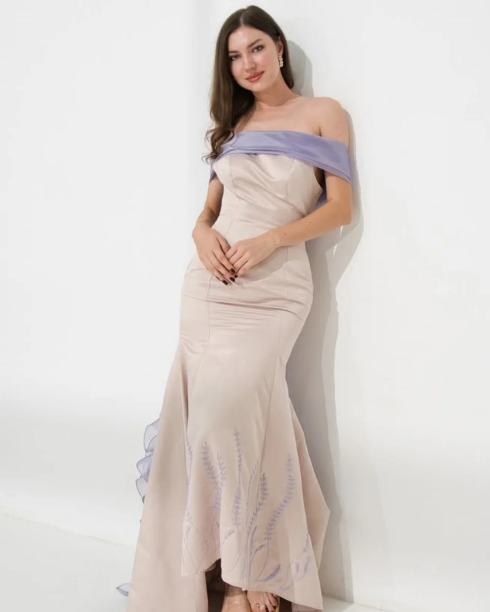 

Customized High Quality Women Charmeuse Rhinestone Ruched Mermaid Evening Dresses Formal Off-the-shoulder Sleeveless Party Gowns