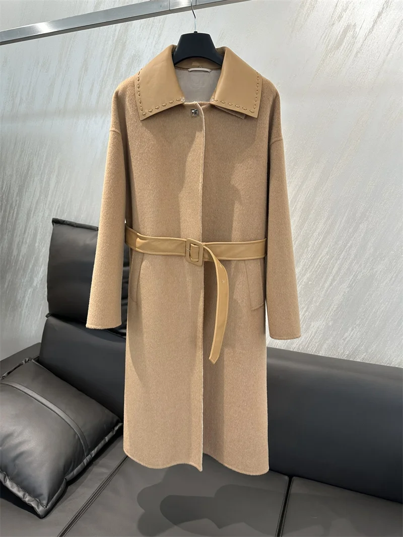 High-end Double-sided Water Ripple 100% Cashmere Coat for Women Lapel Neck Long Bathrobe Style Autumn Winter Outerwear