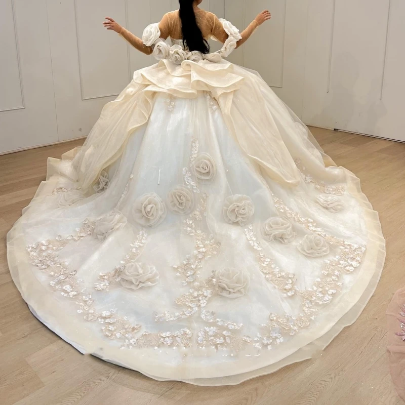 Mexican Princess Girl Quinceanera Dresses Long Sleeve Lace Applique Ruffle Ball Gown Women Birthday Party Prom Dance Queen 2025