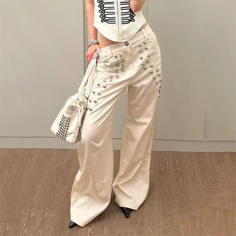 Y2k Style Multi Row Metal Buckle Jeans Fashionable Retro Women's Floor Pants Thin Straight Leg Jeans