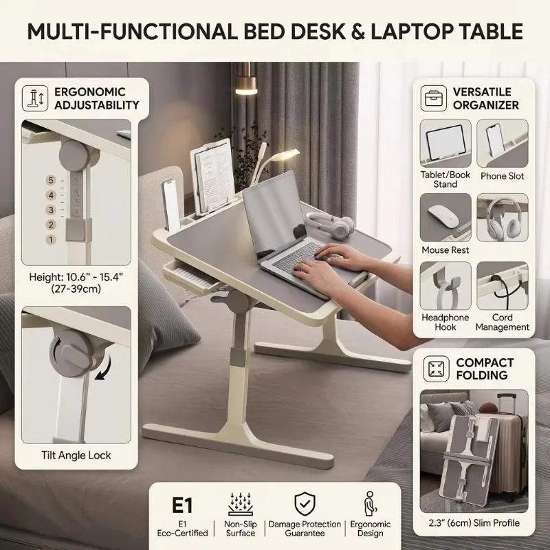 Adjustable Height Foldable Laptop Desk Bed Tray Tilting Lap Table With Drawer Book Stand For Dorm Study Reading Writing Bedrooms
