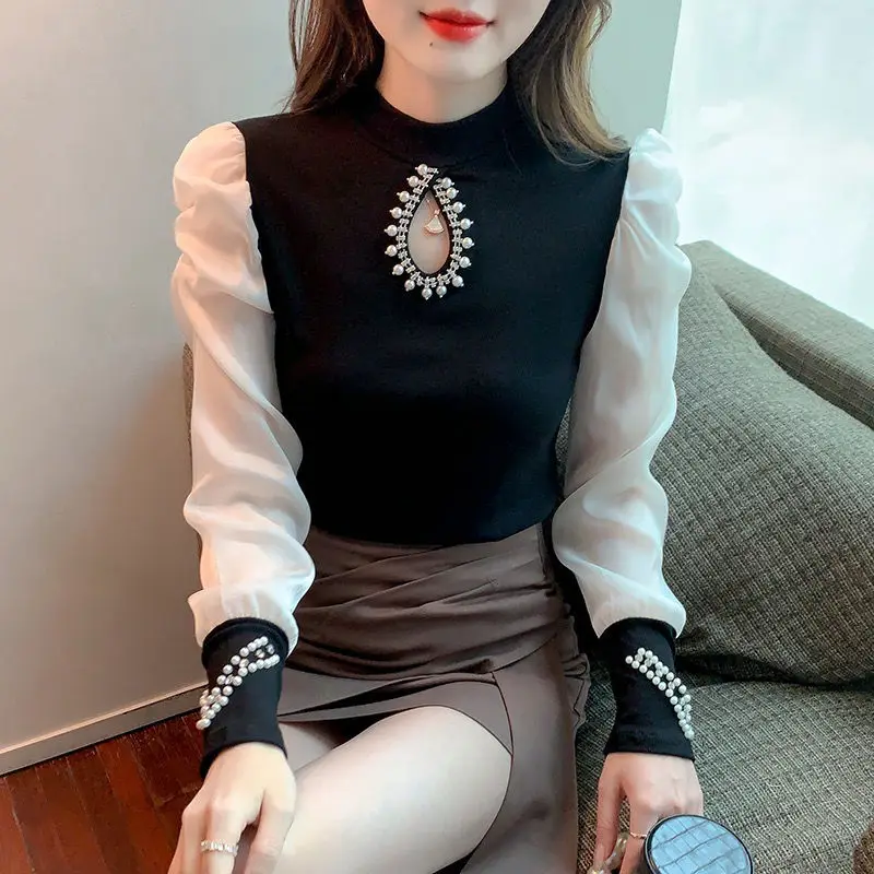 Elegant Stand Collar Spliced Hollow Out Beading Blouses Women Clothing 2024 Spring New Loose Office Lady Tops Puff Sleeve Shirts