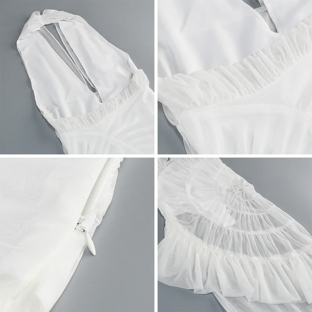 Sexy profundo decote em v halter sem costas smocked em camadas tule vestido de malha pura elegante baile de formatura festa à noite maxi vestidos roupas de férias