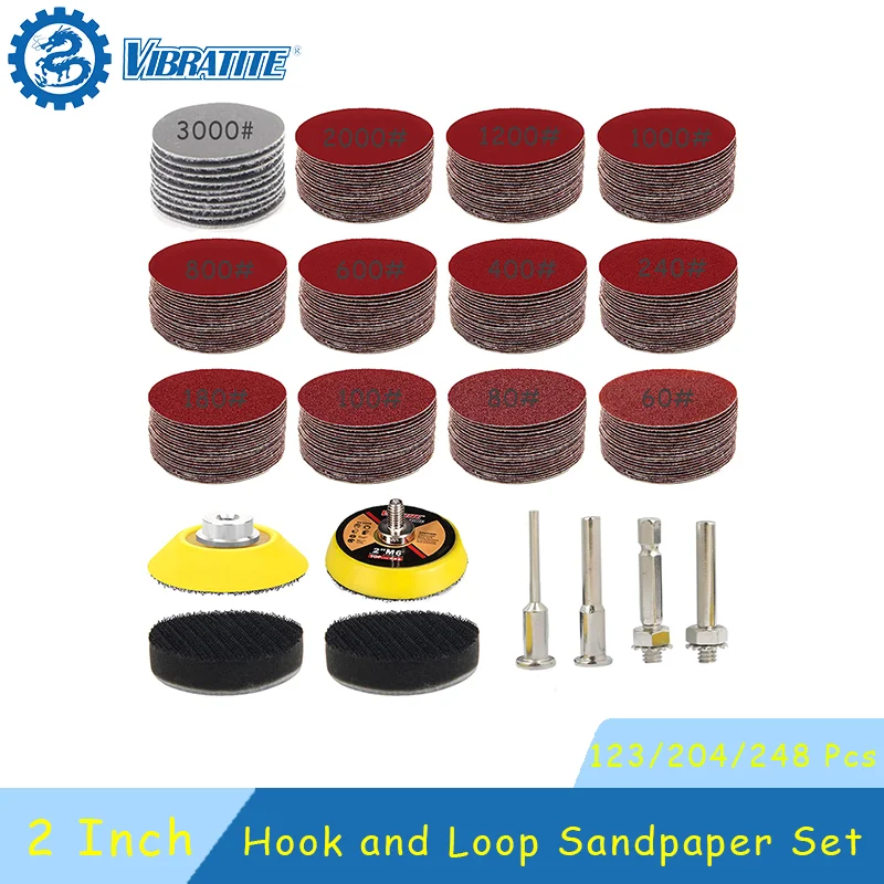 

2 Inch Hook and Loop Sandpaper Set 123/204/248 Pcs with Sanding Pad Buffing pad Assorted 60-3000 Grits for Polishing Wood Metal