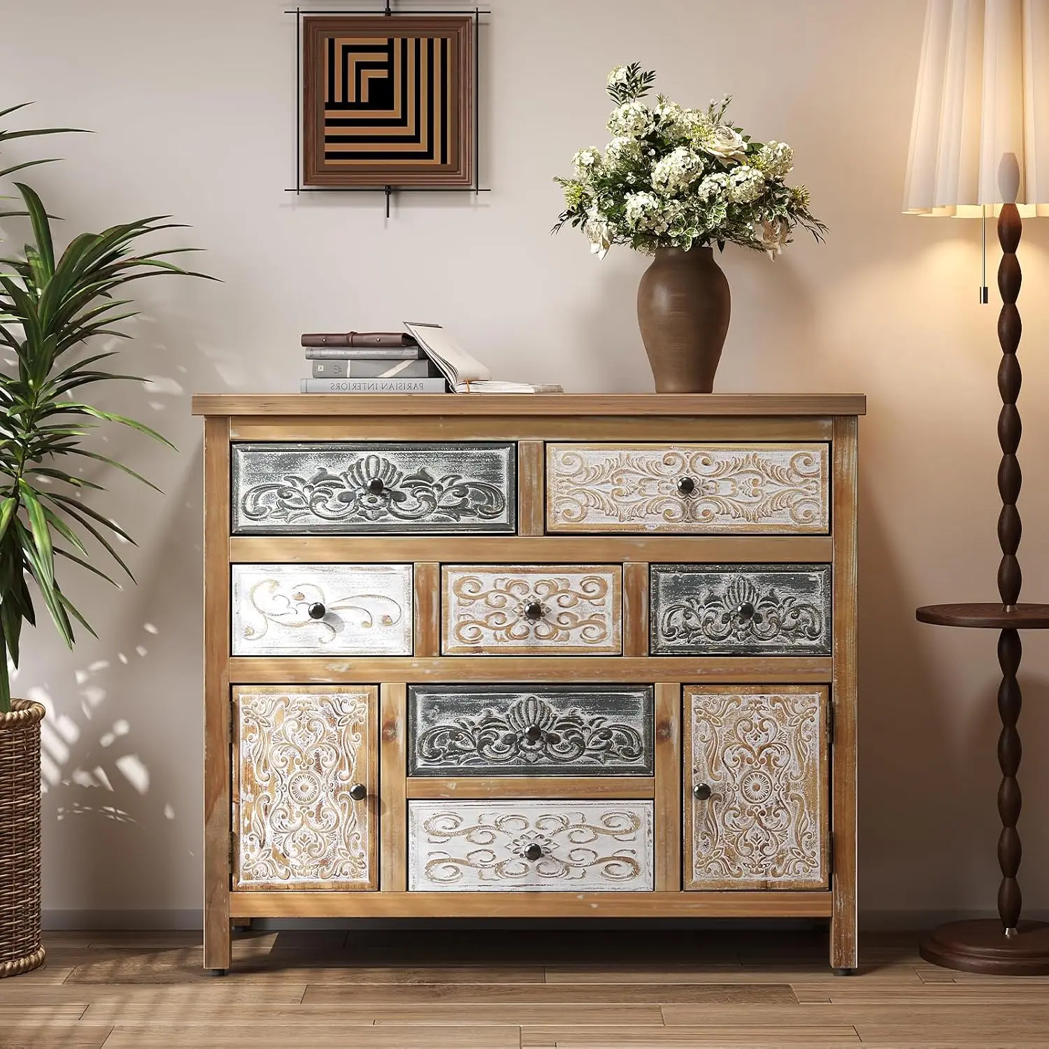 Cabinet 7 Drawers 2 Doors, Vintage Solid Wood Storage Console Living Room Entryway Hallway Hand-Carved 36.22