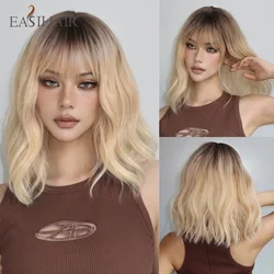 EASIHAIR krótkie peruki syntetyczne Ombre brązowy blond kręcone falowane Bob peruki z grzywką dla kobiet codziennie na imprezę Cosplay peruka termoodporna