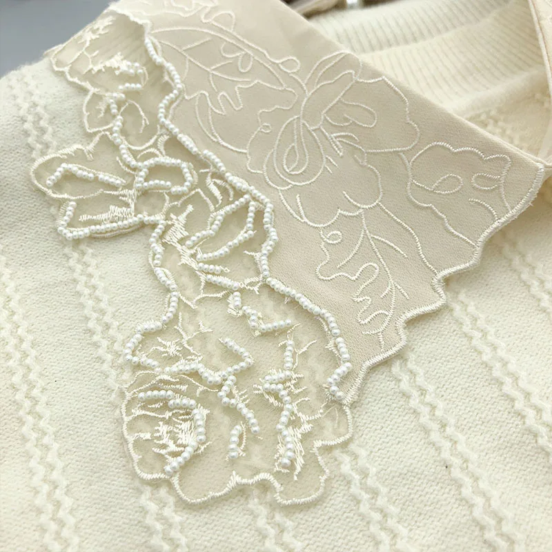 New Beading Embroidery Fake Collar For Women White Lace False Detachable Collar Lapel Shirt Tie Necklace Clothes Accessory