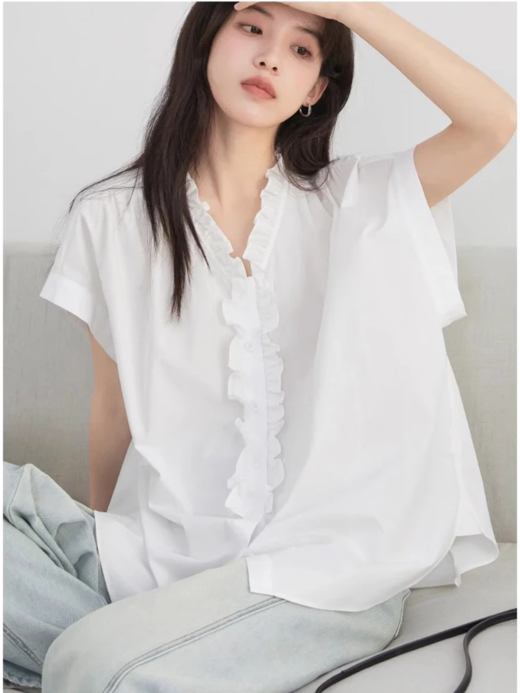 CHIC VEN-camisas holgadas informales de algodón con borde con volantes para mujer, camisa blanca de manga corta, blusas femeninas para verano 2025