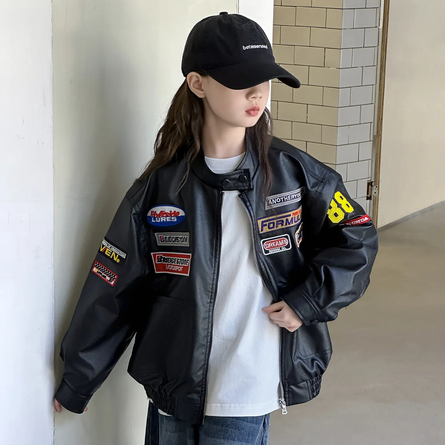 

Girls Motorcycle Suit Leather Jacket Spring and Autumn 2025 New Children's Trendy Clothing Boys Racing Suit Stand Collar Jack