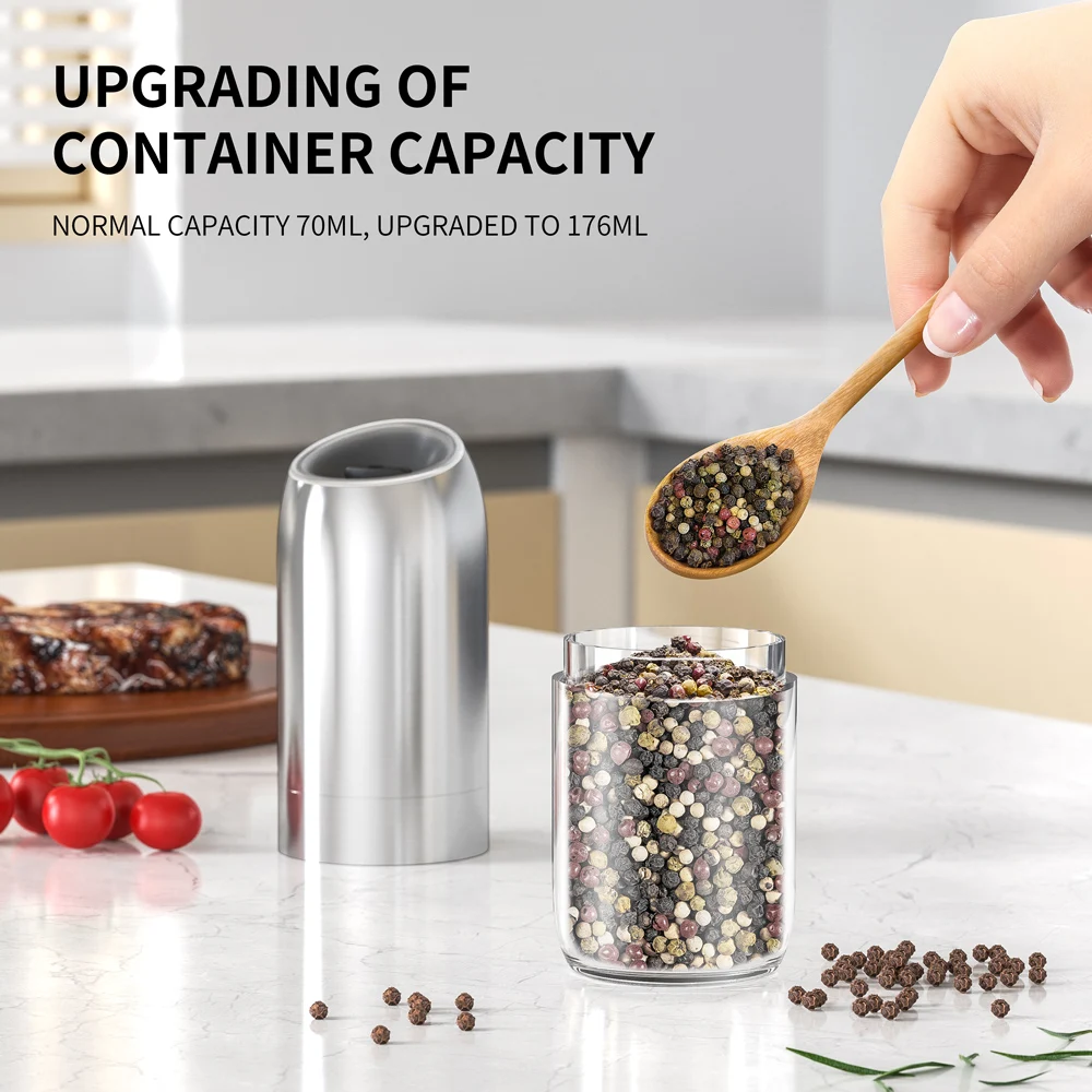 176 مللي مطحنة فلفل كهربائية بمستشعر الجاذبية من الفولاذ المقاوم للصدأ مطحنة ملح وفلفل أوتوماتيكية أدوات مطحنة خشونة قابلة للتعديل
