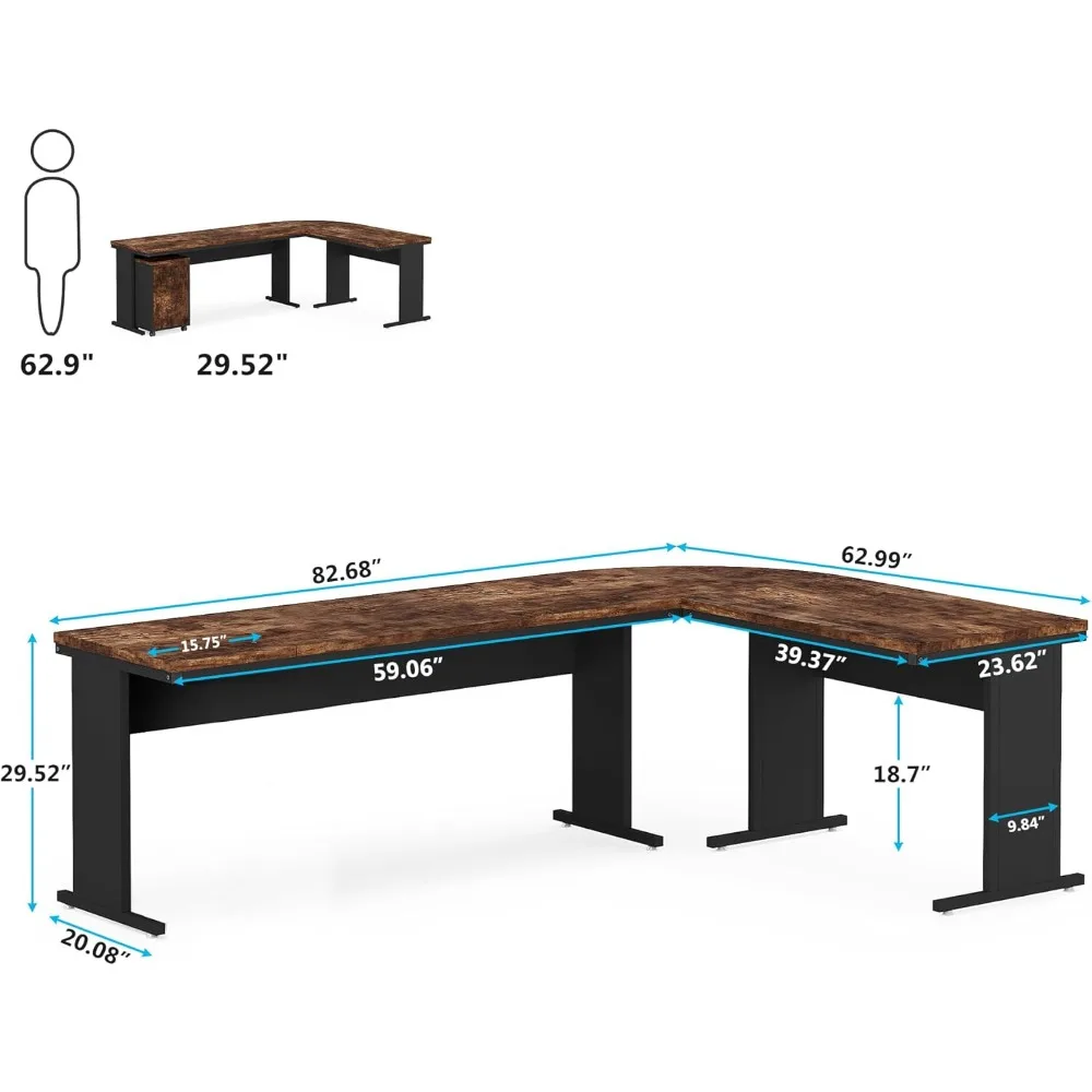 83 inch L-vormig directiebureau, groot bureau met mobiele archiefkast met 3 lades, industrieel hoekcomputerbureau