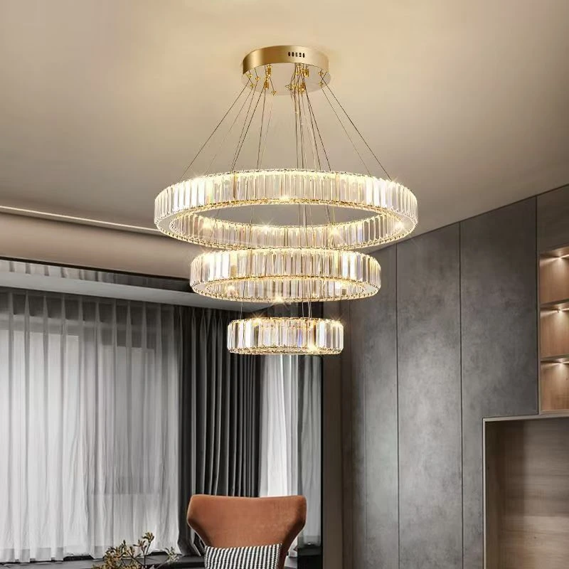 Modern Luxury Multi-Tier Ring Crystal Chandelier Villa Living Room LED Dimming Gold Frame Pendant Light Luxury Hanging Lamp