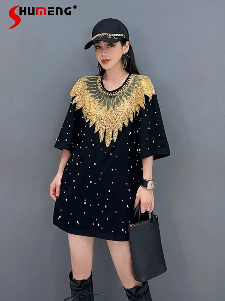 2024 Summer Short Sleeve T-shirts Beading Gorgeous Elegant Loose Over Size Medium Length Tops Female Round Neck Sequins T-shirt