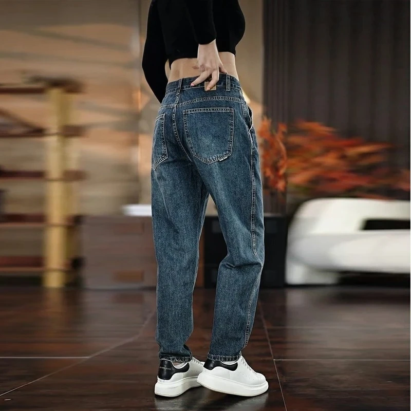

Модные мужские джинсы свободного кроя, эластичные, прямые, с высокой талией, из хлопка, повседневная одежда, осенняя мода, городской стиль, износостойкие