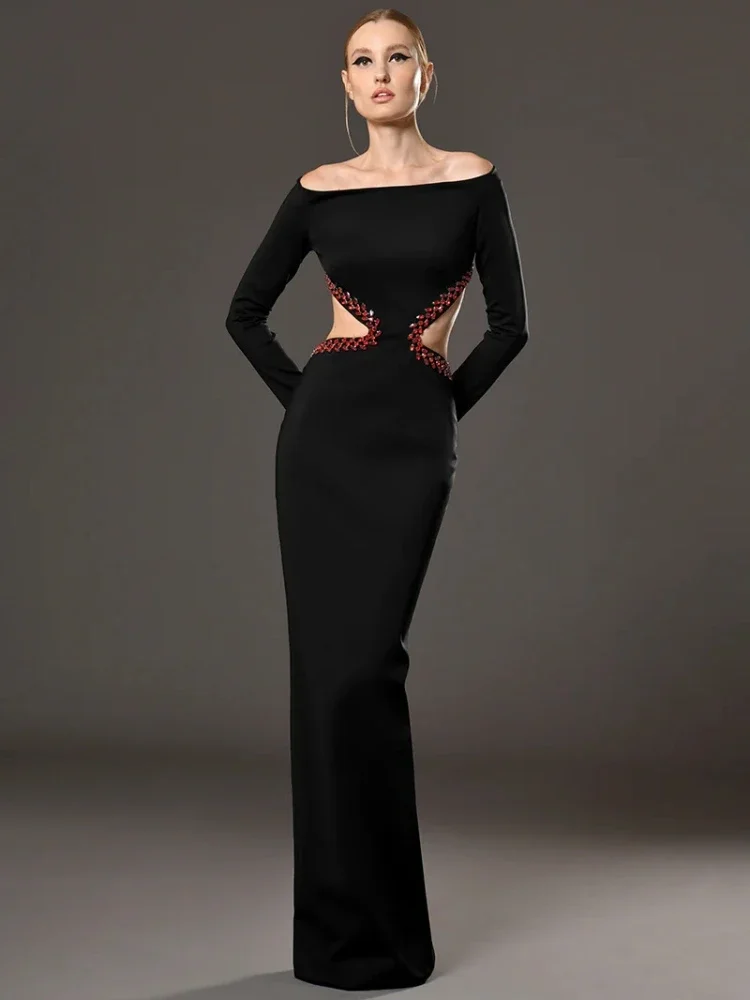 

Sexy Off Shoulder Long Sleeve Diamond Waist Cutout Bandage Dress Women Black Backless Red Crystal Maxi Dress Party Runway Club