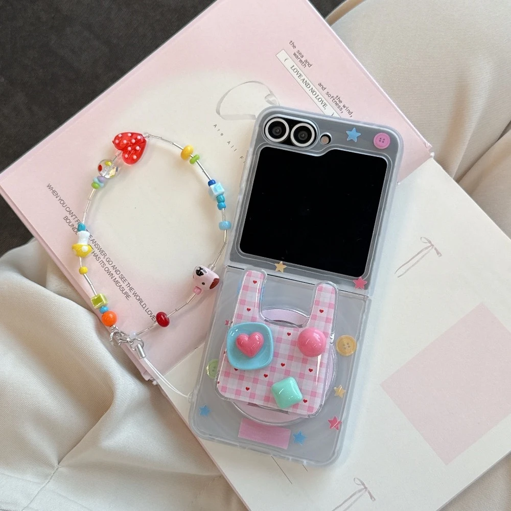 

Magnetic Color Phone Case for Samsung Galaxy ZFlip7 6 5 4 Clear Cute Button Star Anti-drop Protective Cover with Bracket Lanyard